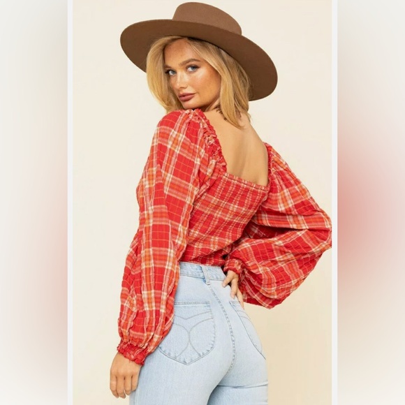 Free People red & orange plaid vintage crop top princess sleeves corset shape M - Picture 4 of 4